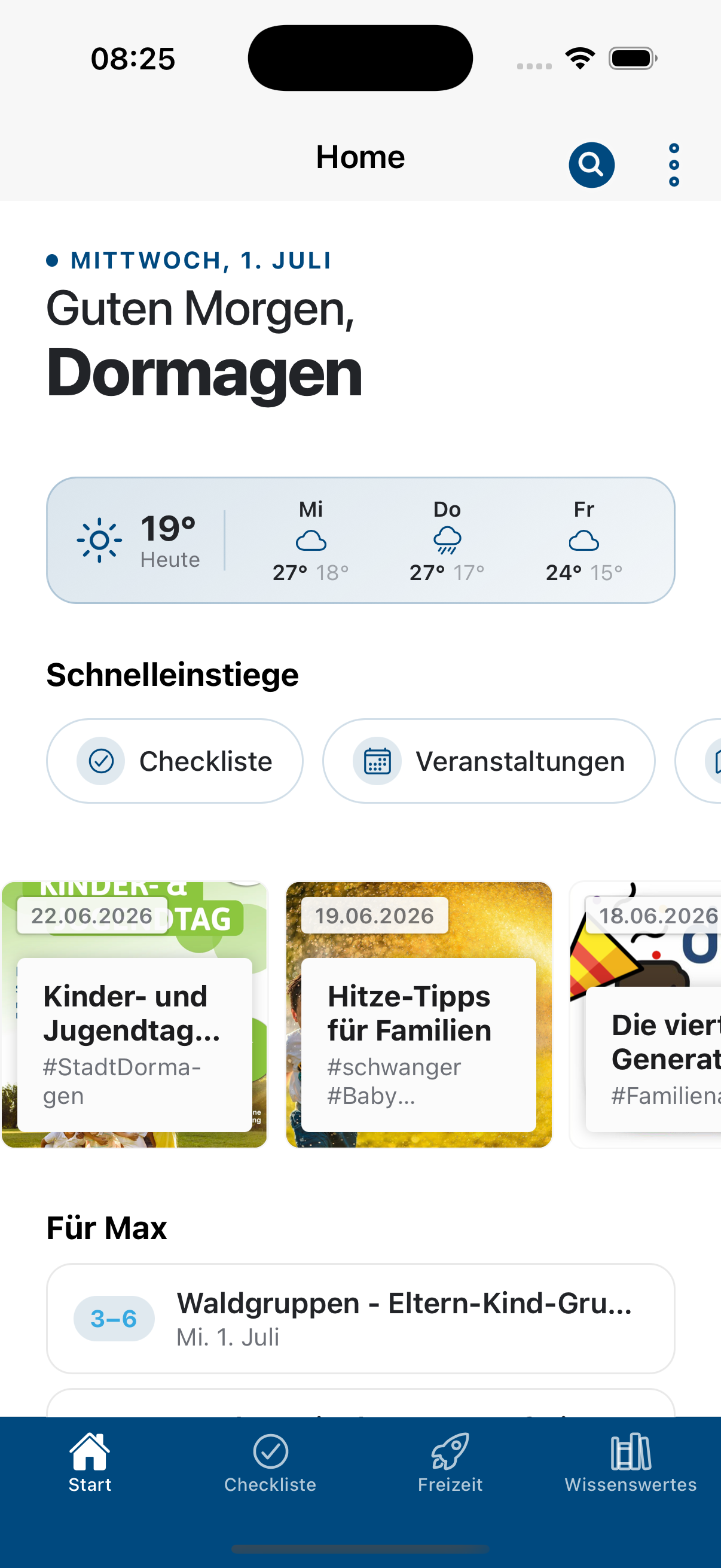 Startbildschirm einer Familien-App mit altersgerechten Empfehlungen